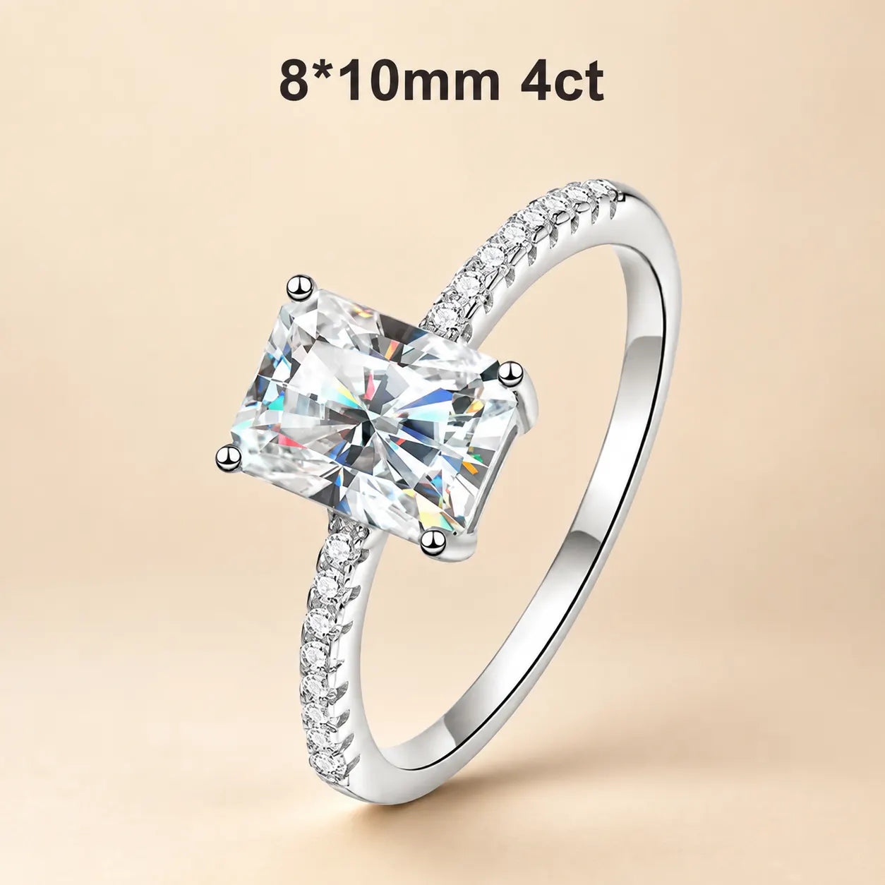 4 carat radiant-cut moissanite engagement ring with an 8 x 10 mm center stone and sparkling pavé band.