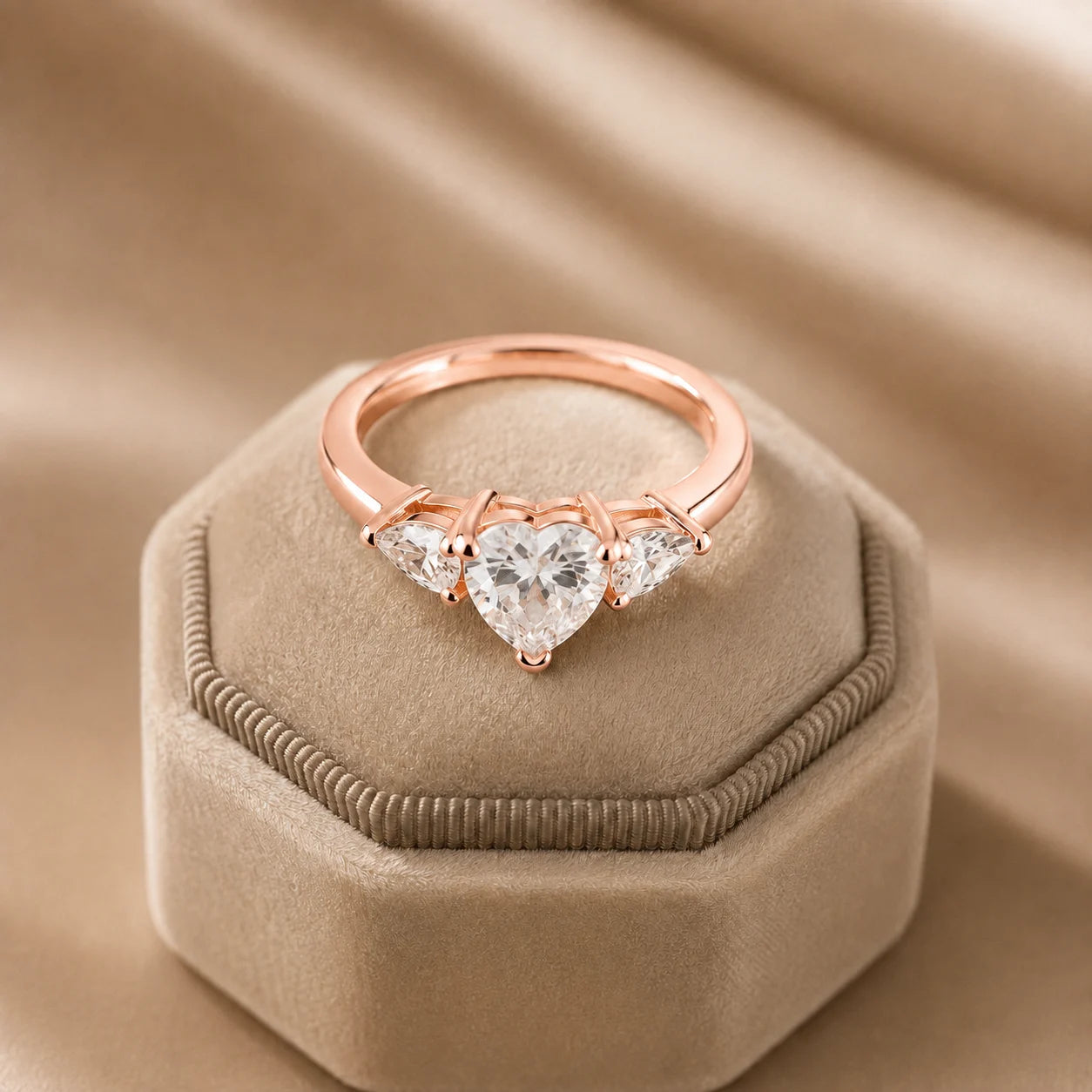 Rose gold heart-cut three-stone moissanite engagement ring featuring a brilliant center stone and two heart-shaped side stones.