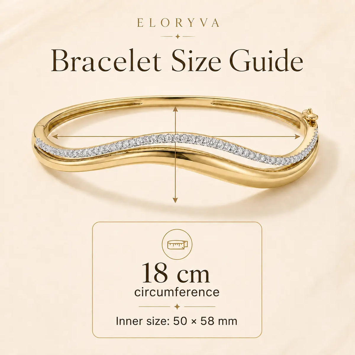 Eloryva wave moissanite bangle bracelet size guide showing an 18 cm circumference and inner dimensions.