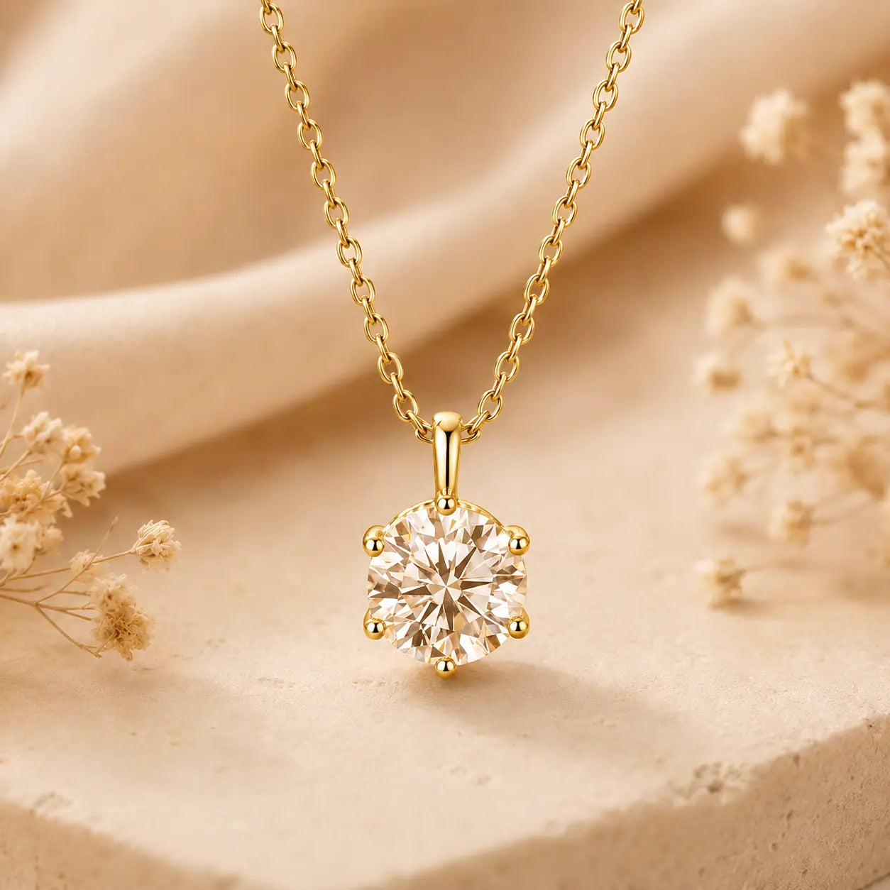 Yellow gold round moissanite pendant necklace styled in a warm beige setting