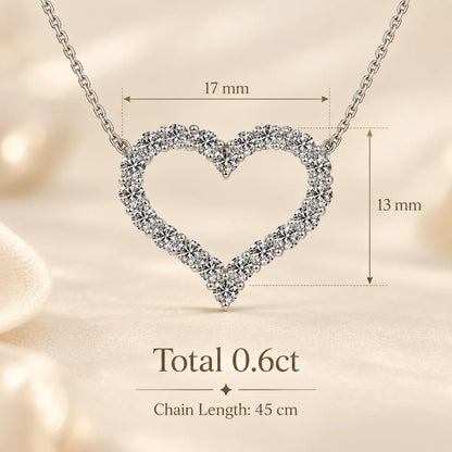 0.6 carat open heart moissanite necklace with 17 by 13 mm pendant dimensions