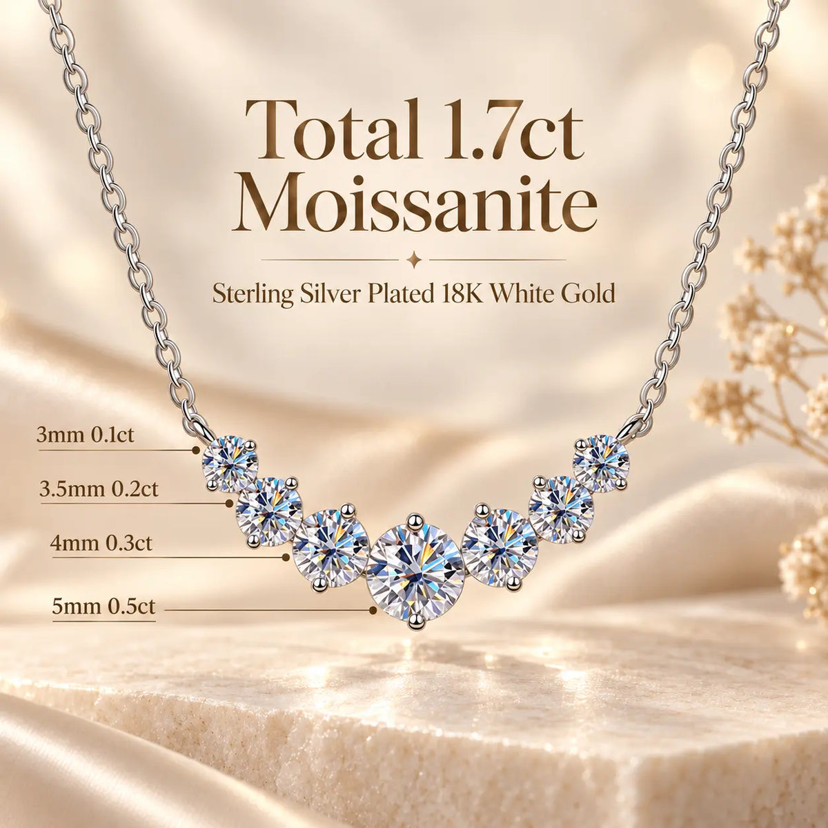 1.7 carat graduated moissanite necklace showing multiple round stone sizes