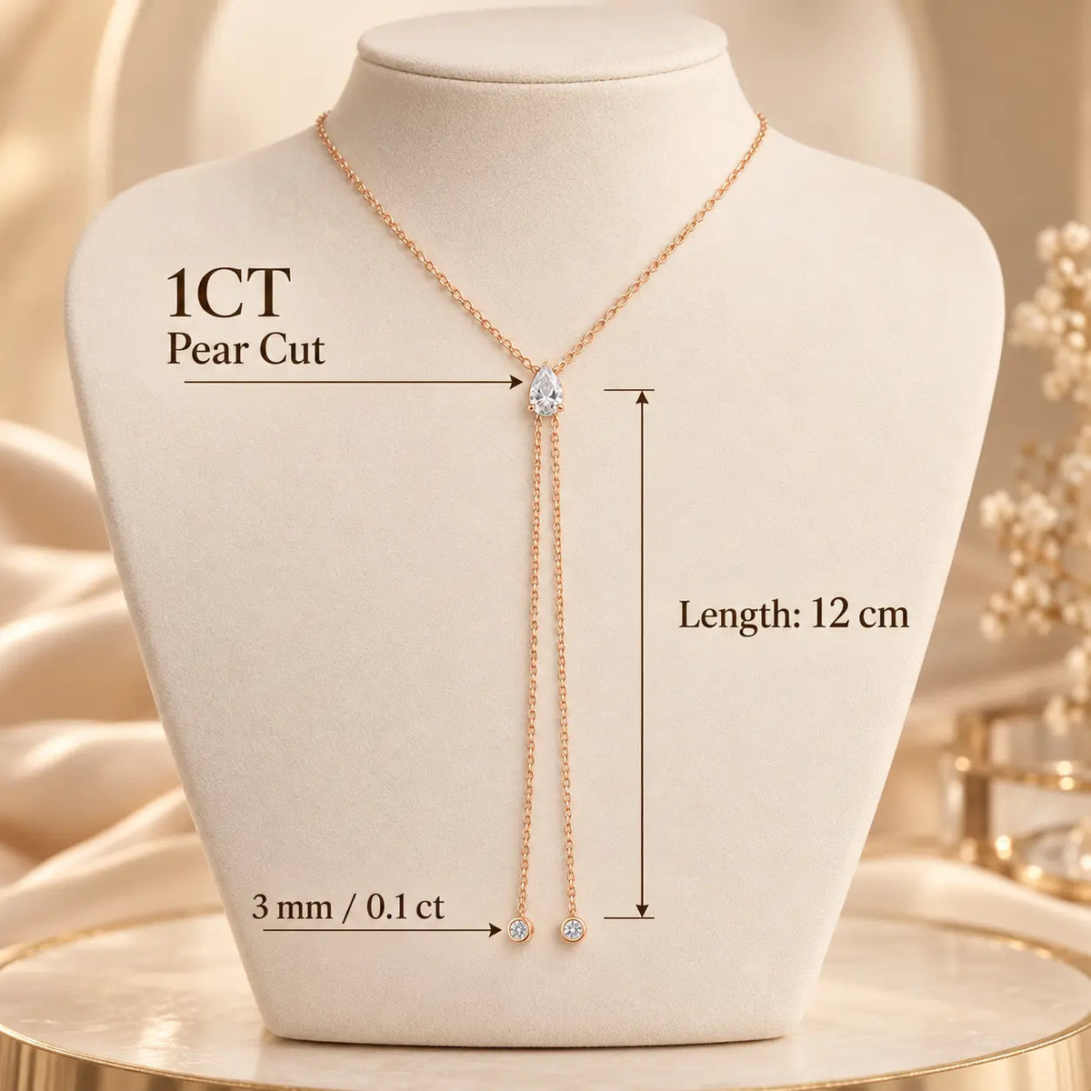 1 carat pear cut moissanite lariat necklace with a 12 cm double chain drop
