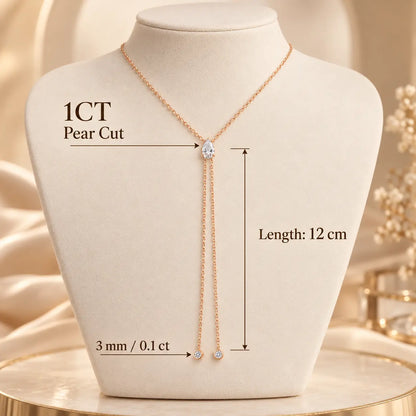 1 carat pear cut moissanite lariat necklace with a 12 cm double chain drop