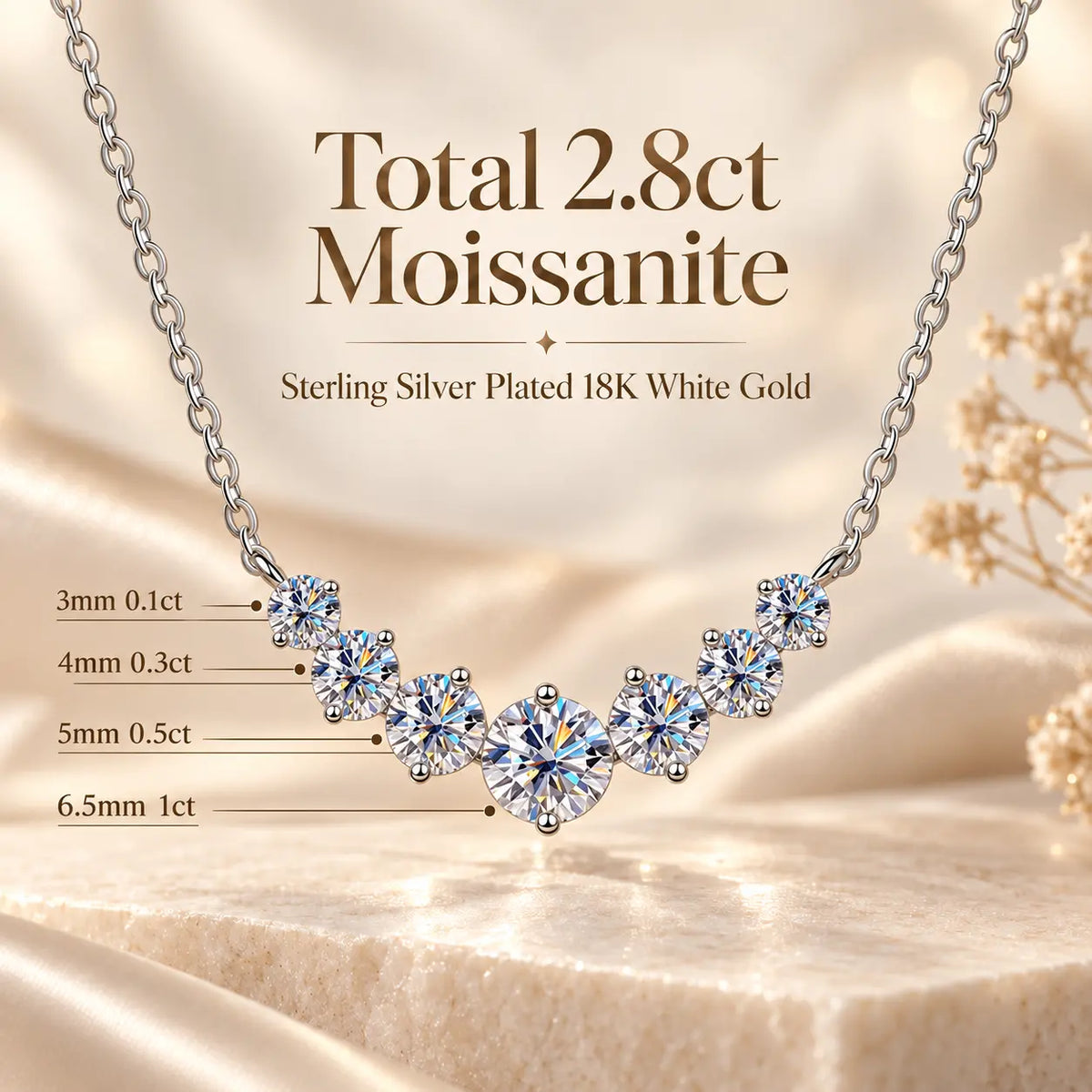 2.8 carat moissanite graduated necklace with a larger round center stone