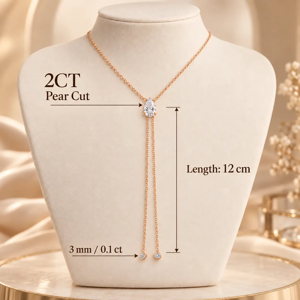 2 carat pear cut moissanite Y necklace with elegant hanging chain drops