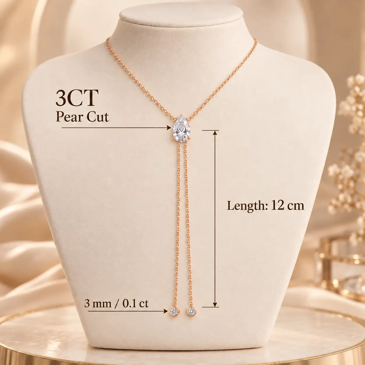 3 carat pear cut moissanite drop necklace with a delicate 12 cm lariat design