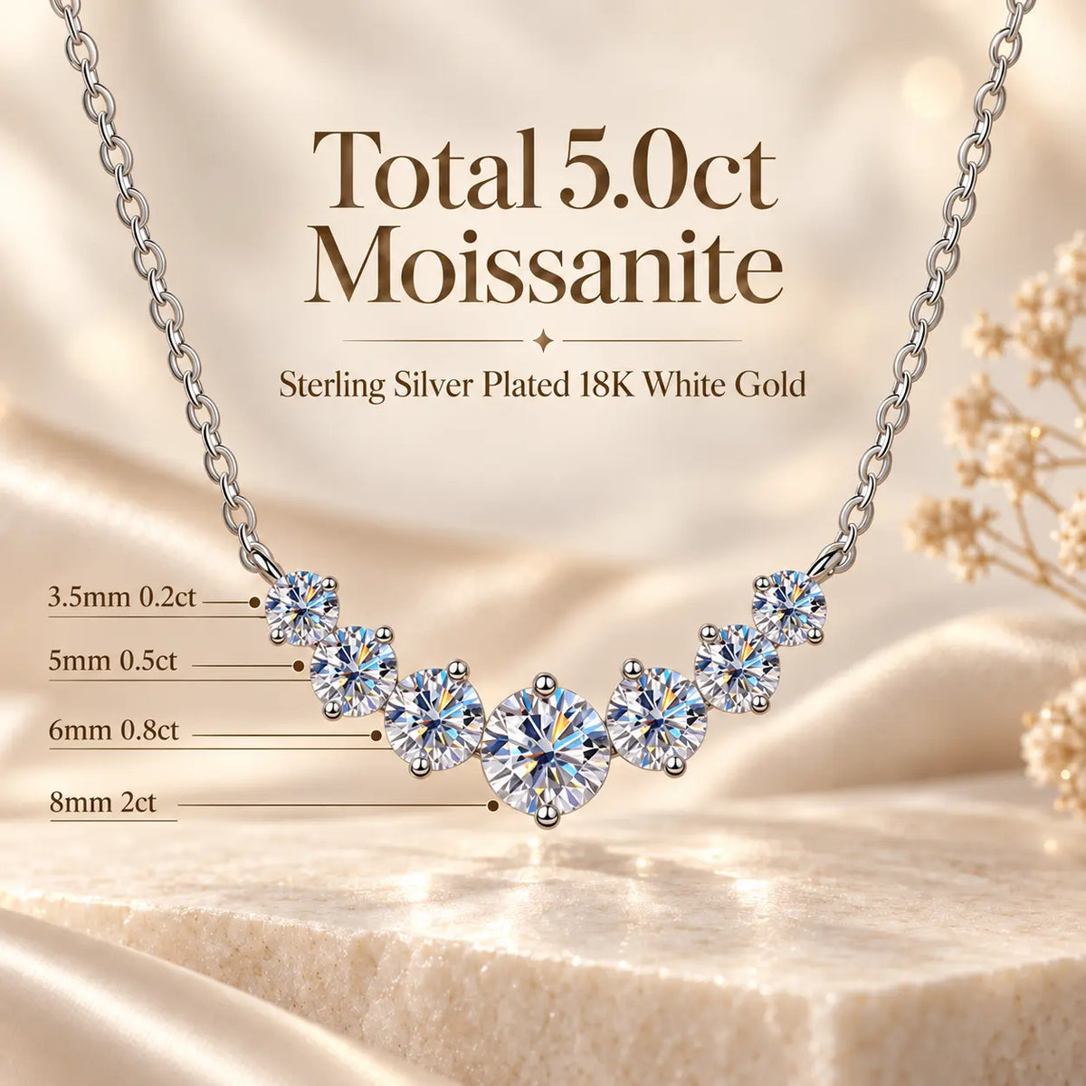 5 carat moissanite statement necklace with graduated round stones and a bold center stone