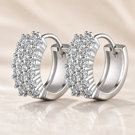 925 sterling silver moissanite hoop earrings front view with double row sparkle and polished silver setting.