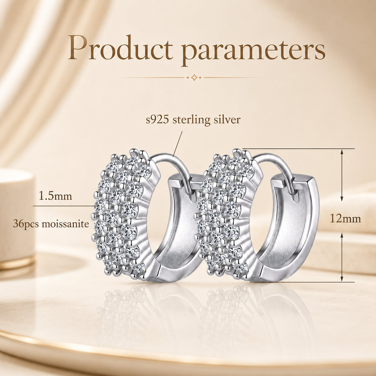 925 sterling silver moissanite hoop earrings size guide showing 12mm height, 1.5mm stones, and 36 pieces moissanite.
