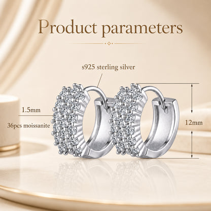 925 sterling silver moissanite hoop earrings size guide showing 12mm height, 1.5mm stones, and 36 pieces moissanite.