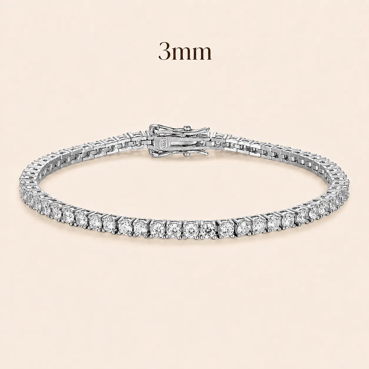 Cirelle™ 3mm round moissanite tennis bracelet for women with classic brilliant stones and polished silver setting.