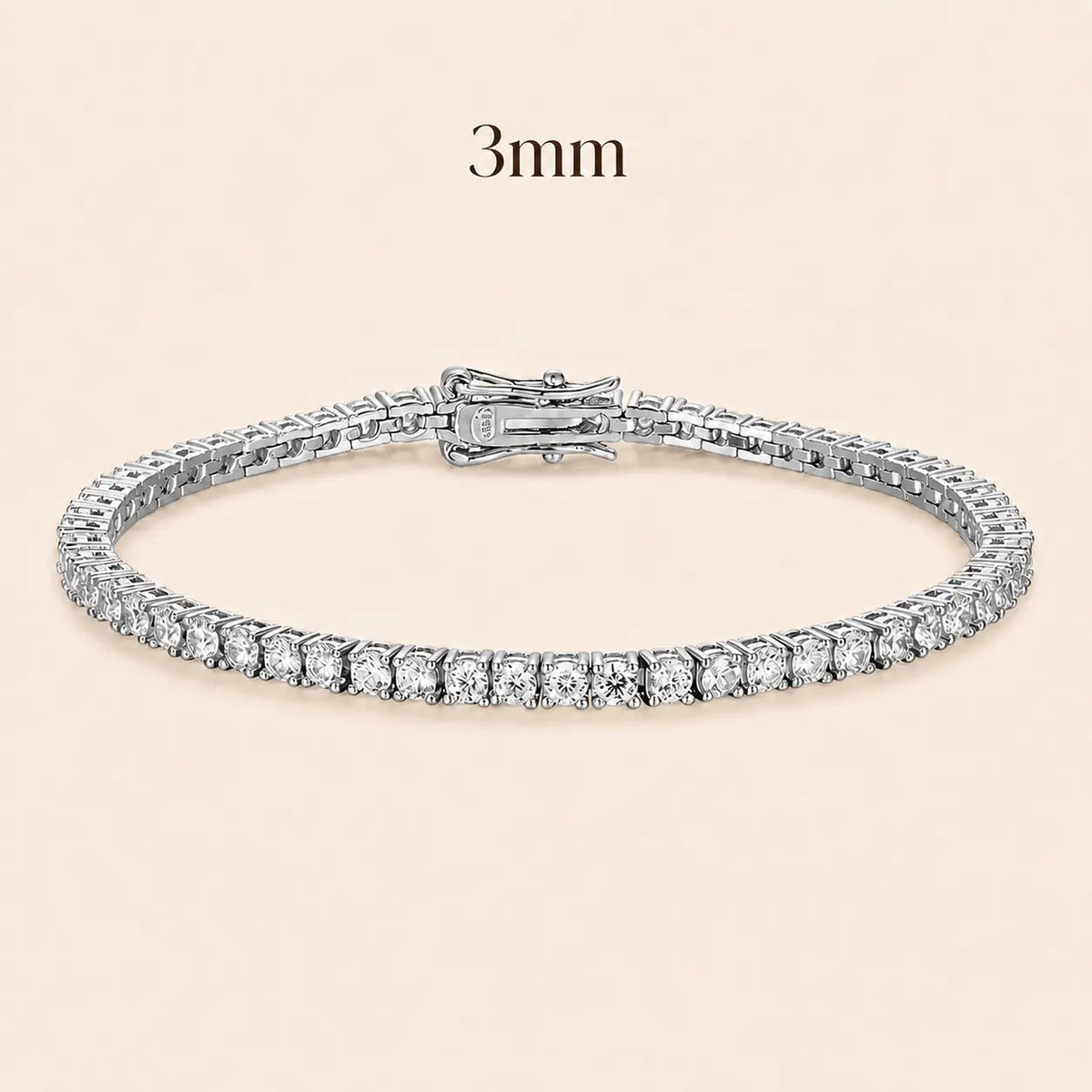 Cirelle™ 3mm round moissanite tennis bracelet for women with classic brilliant stones and polished silver setting.