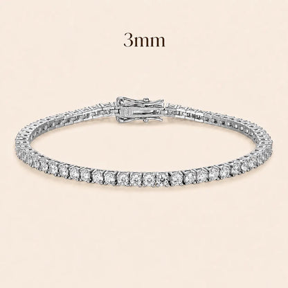 Cirelle™ 3mm round moissanite tennis bracelet for women with classic brilliant stones and polished silver setting.