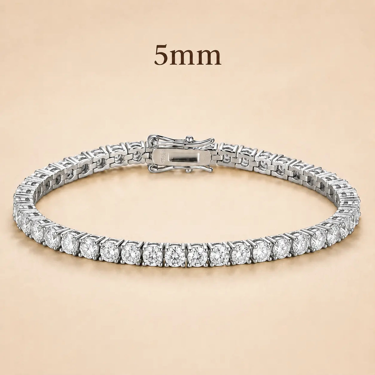 Cirelle™ 5mm round moissanite tennis bracelet for women with bold brilliant stones and an elegant silver setting.
