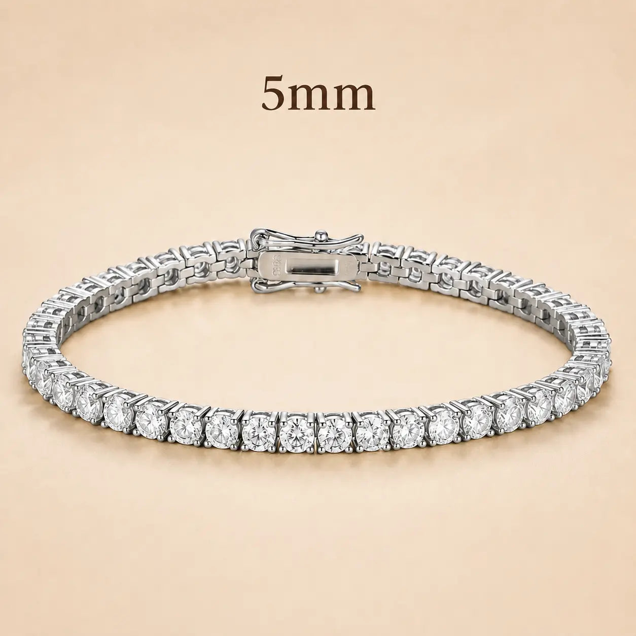 Cirelle™ 5mm round moissanite tennis bracelet for women with bold brilliant stones and an elegant silver setting.
