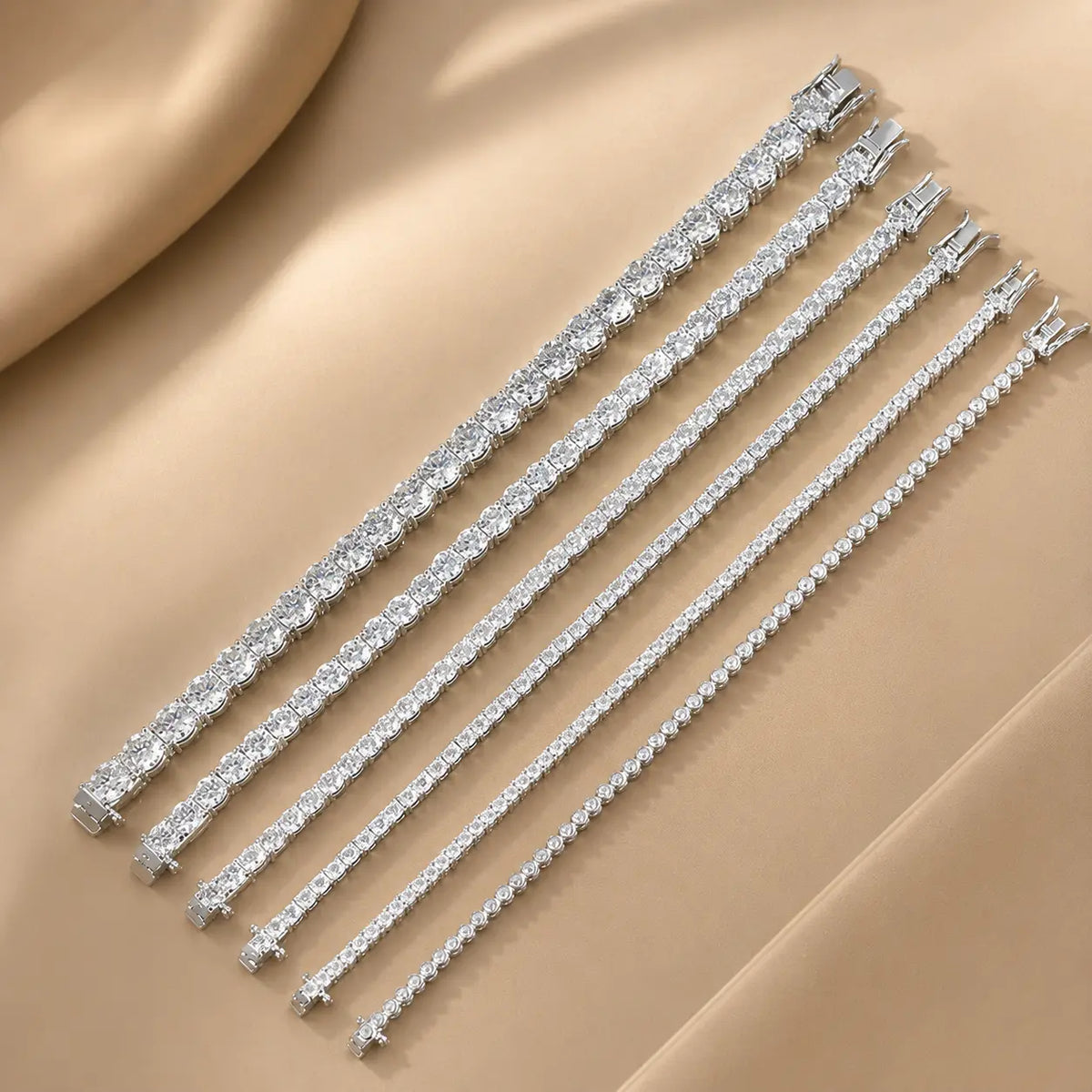 Cirelle™ moissanite tennis bracelet for women displayed in multiple stone widths with polished S925 sterling silver settings.