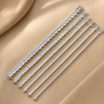 Cirelle™ moissanite tennis bracelet for women displayed in multiple stone widths with polished S925 sterling silver settings.