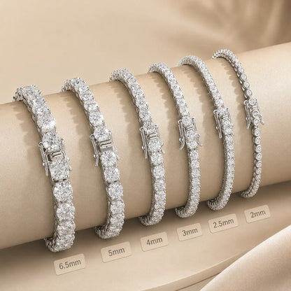 Cirelle™ round moissanite tennis bracelets for women shown in 2mm, 2.5mm, 3mm, 4mm, 5mm and 6.5mm stone sizes.