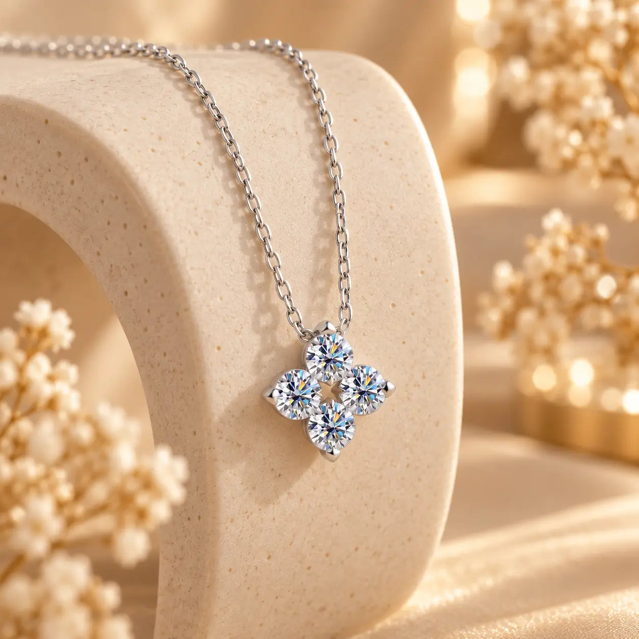 Close-up of a sparkling clover pendant necklace on a curved jewelry display