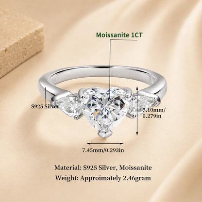 One-carat heart-cut moissanite ring in S925 sterling silver with sparkling side stones and detailed measurements.