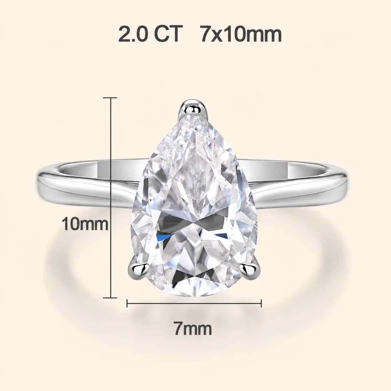 2 carat pear-cut moissanite engagement ring with a 7 x 10 mm center stone and elegant polished band.