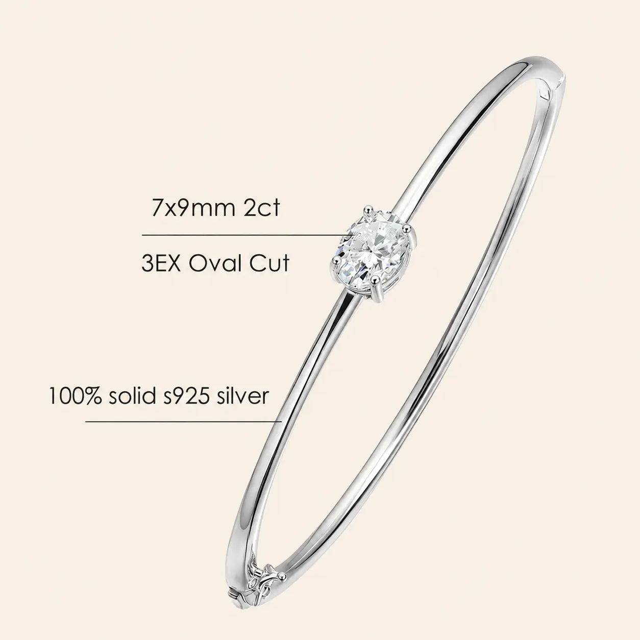 2CT oval-cut moissanite bangle bracelet with a 7 x 9 mm stone and solid S925 sterling silver construction.