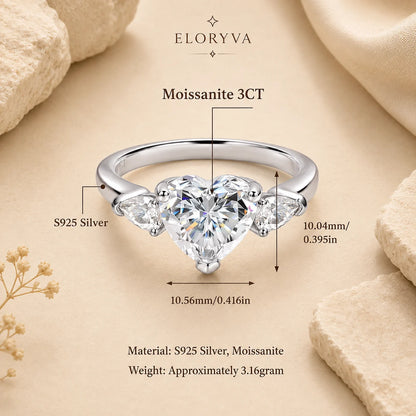 Large heart-cut moissanite engagement ring in S925 sterling silver with side stones, dimensions and weight details.