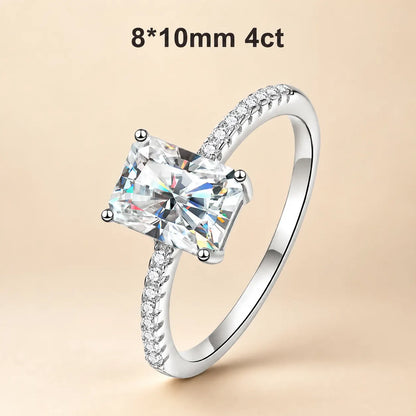 4 carat radiant-cut moissanite engagement ring with an 8 x 10 mm center stone and sparkling pavé band.