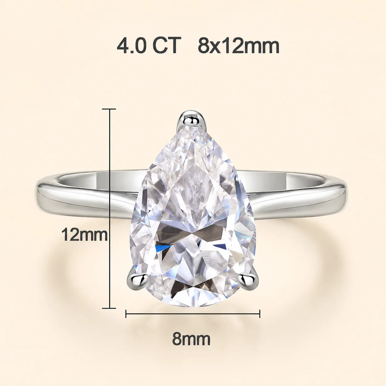 4 carat pear-cut moissanite engagement ring with an 8 x 12 mm center stone and polished silver band.