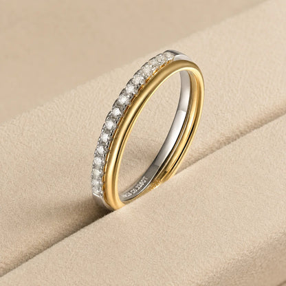 Bexley™ Moissanite Stacking Ring for Women in gold, shown in an angled close-up view with delicate sparkle.