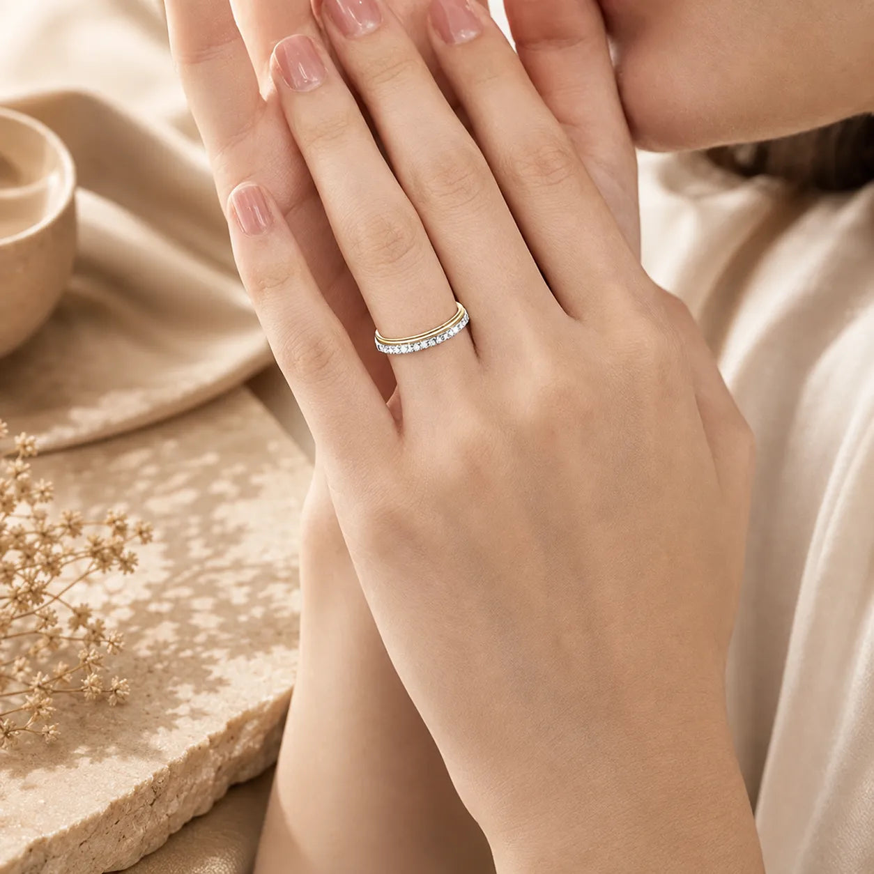 Woman wearing the Bexley™ Moissanite Stacking Ring for Women for an elegant everyday jewelry look.
