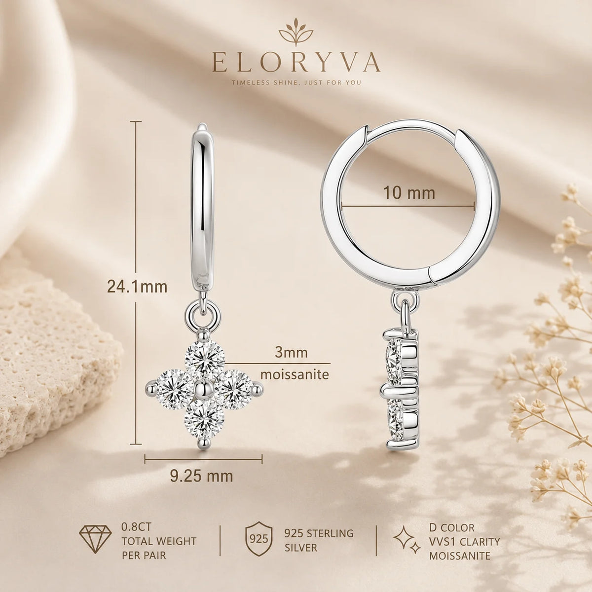 Clovera™ Clover Moissanite Hoop Drop Earrings in 925 sterling silver with 3 mm moissanite stones, a 10 mm hoop and a 24.1 mm drop length.
