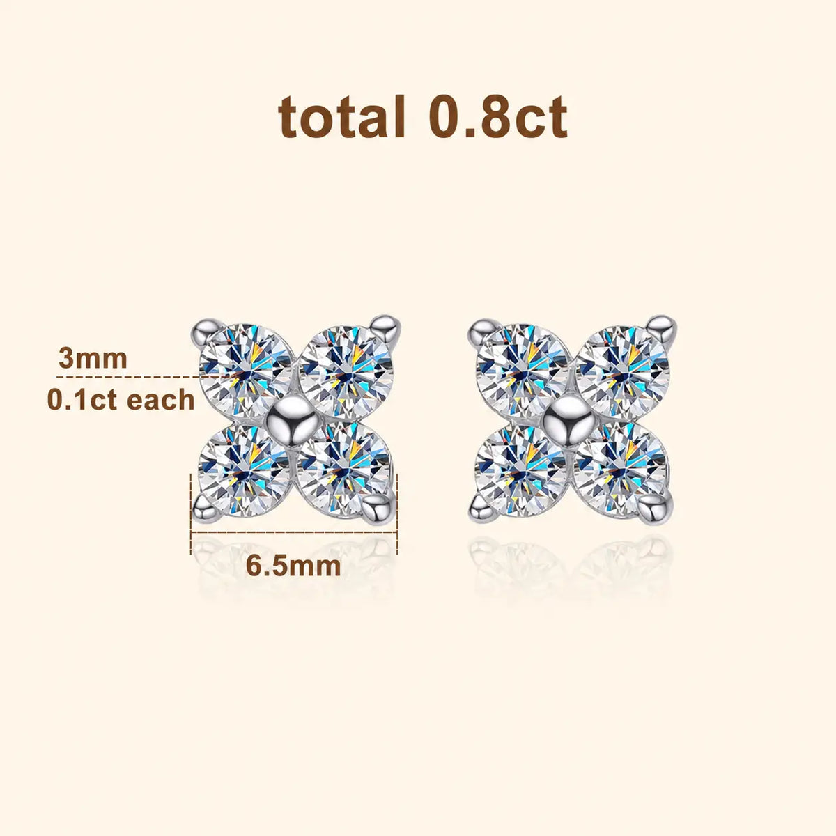 Size guide for Elaris™ Four-Petal Moissanite Stud Earrings with a total 0.8 carat design, four 3 mm stones and a 6.5 mm floral shape.