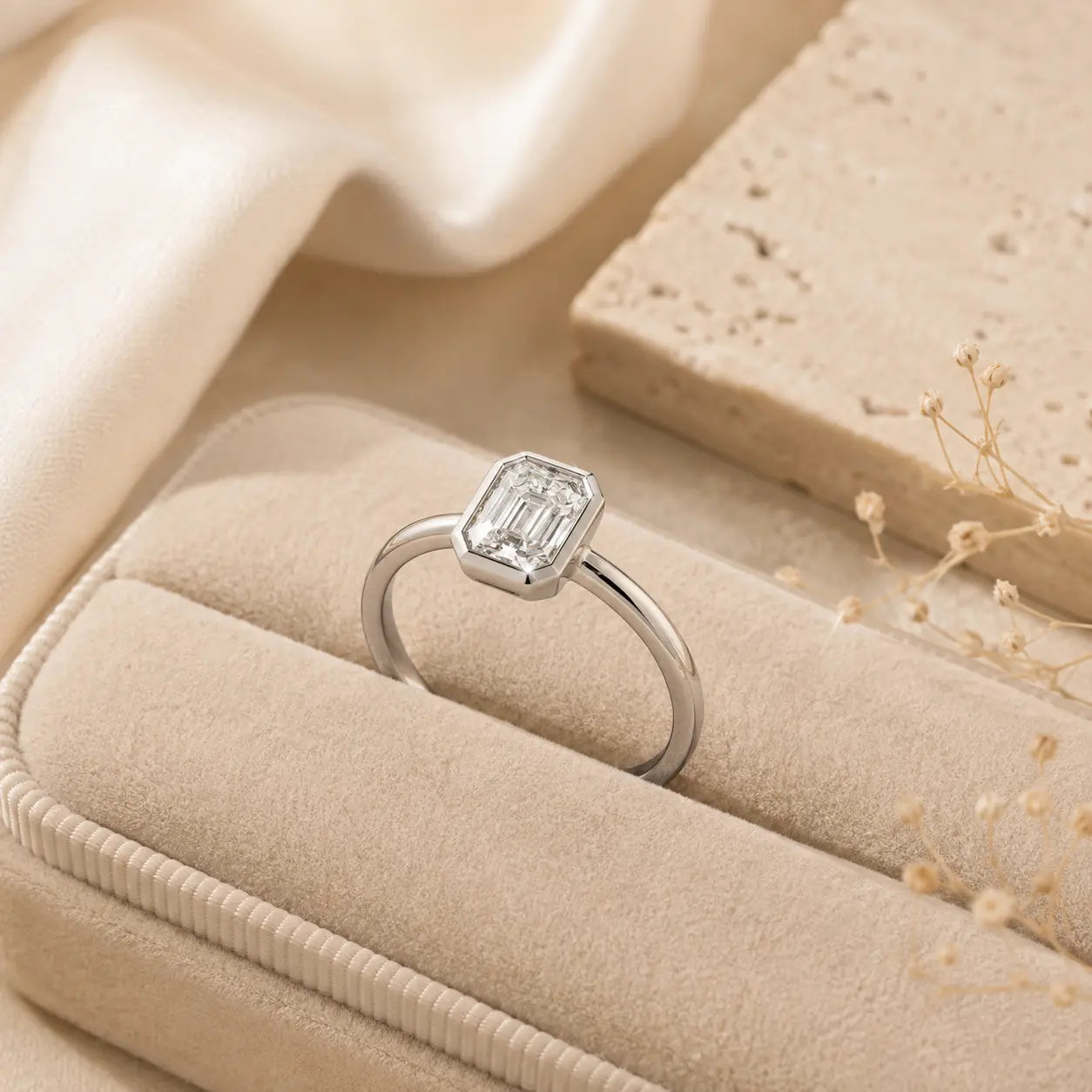 Hadley™ 2CT Emerald-Cut Moissanite Engagement Ring displayed inside a beige velvet jewelry box with soft luxury styling.