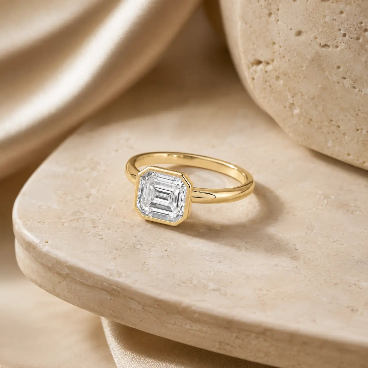 Hadley™ 2CT Emerald-Cut Moissanite Engagement Ring in a gold-tone finish displayed on a minimalist beige stone surface.