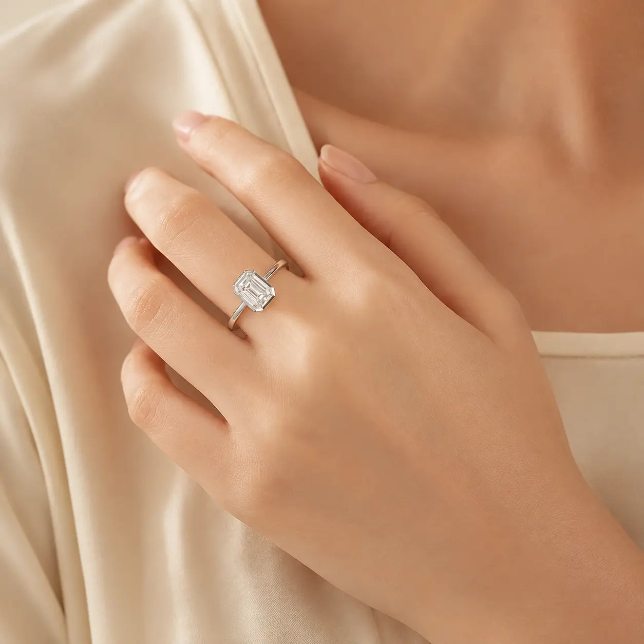 Woman wearing the Hadley™ 2CT Emerald-Cut Moissanite Engagement Ring with a refined silver band and elegant everyday styling.