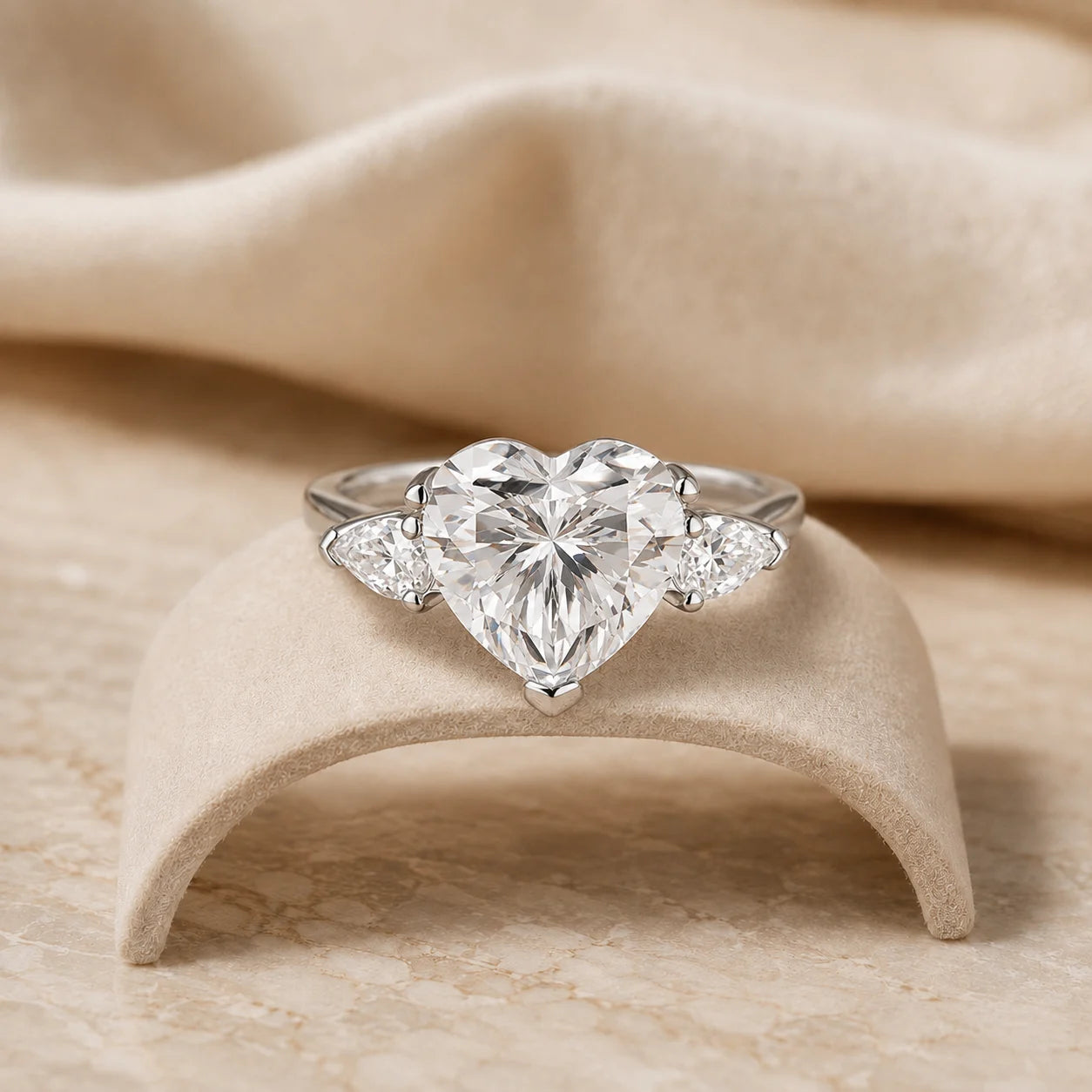 Heart-cut moissanite engagement ring with two sparkling side stones displayed on a soft beige jewelry stand.