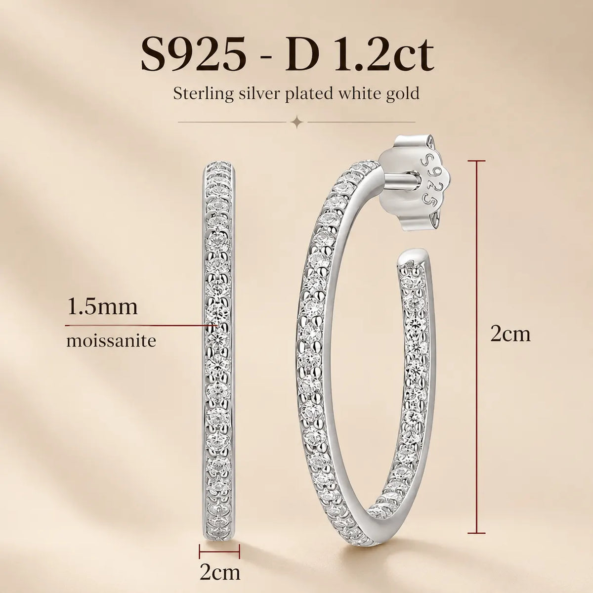 Isadora™ 1.2 carat hoop earrings with 1.5 mm moissanite stones, 925 sterling silver and an 18K white gold-plated finish.