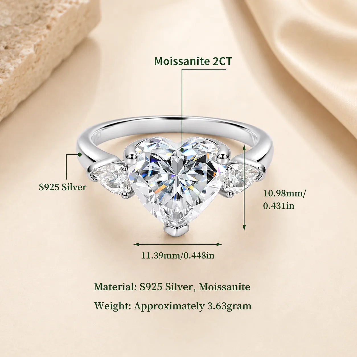Two-carat heart-cut moissanite engagement ring in S925 sterling silver with side stones and product measurements.
