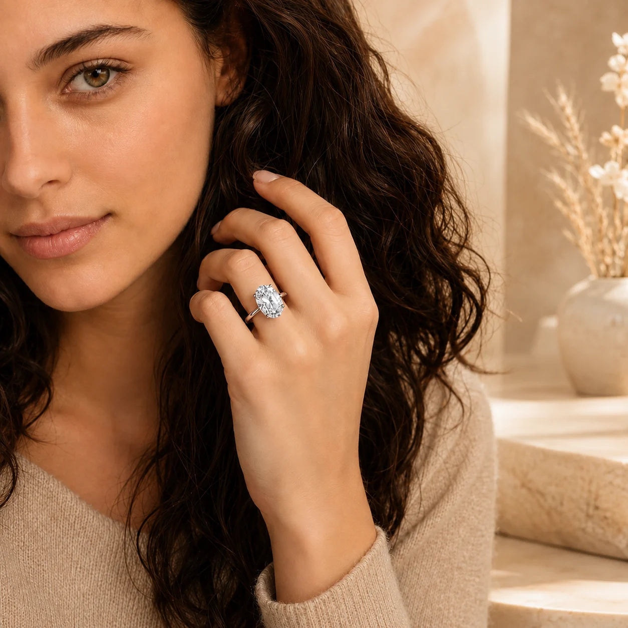 Woman wearing the Marlowe™ Oval Moissanite Engagement Ring with a brilliant oval center stone and polished band.