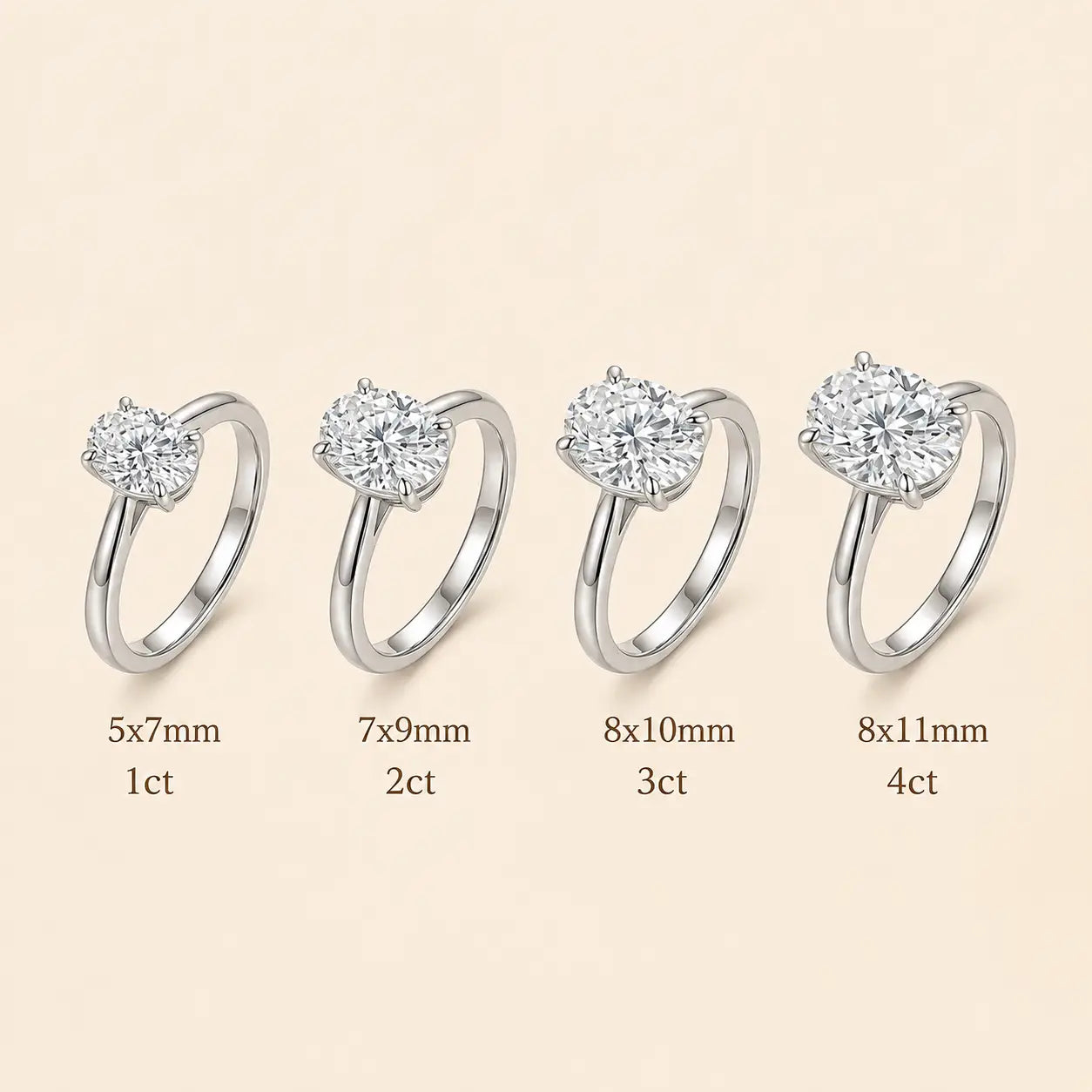 Marlowe™ Oval Moissanite Engagement Ring shown in 1, 2, 3 and 4 carat size options for comparison.