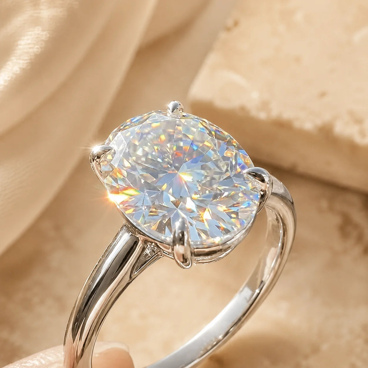 Close-up side view of the Marlowe™ Oval Moissanite Engagement Ring highlighting the oval center stone and raised prong setting.