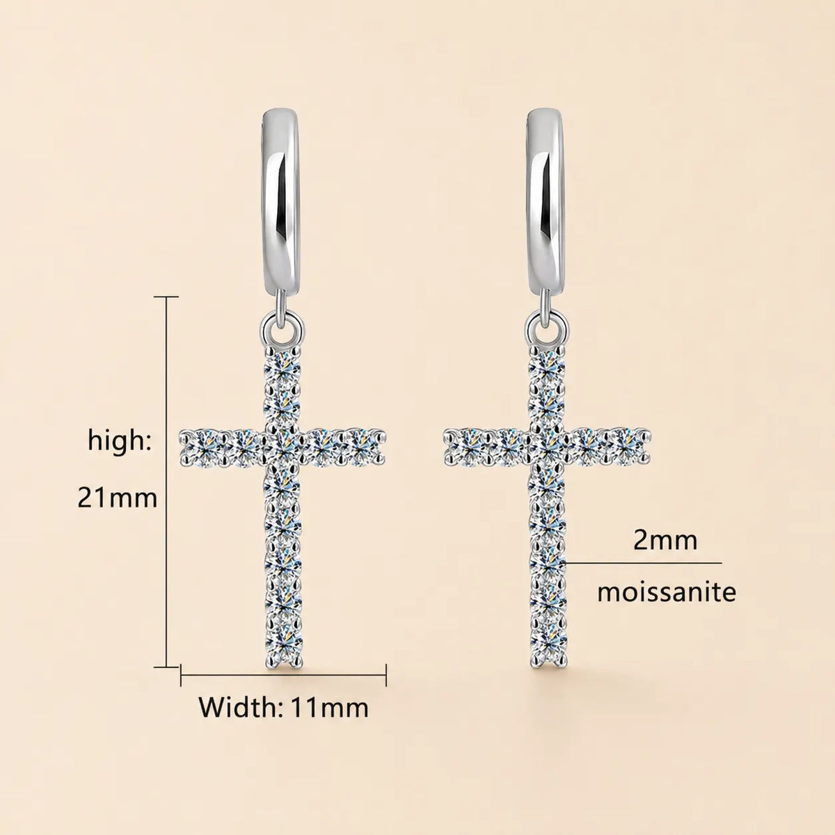 Size guide for cross hoop earrings measuring 15 mm in height and 10 mm in width with 1.5 mm moissanite stones.