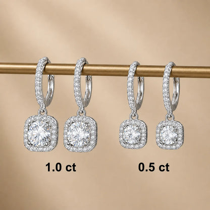 Marielle™ halo moissanite drop earrings displayed in 0.5 carat and 1.0 carat size options.