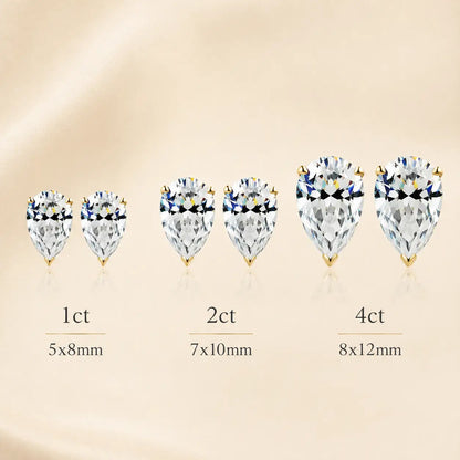 Pear-cut moissanite stud earrings shown in 1, 2 and 4 carat size options with 5 x 8 mm, 7 x 10 mm and 8 x 12 mm stones.