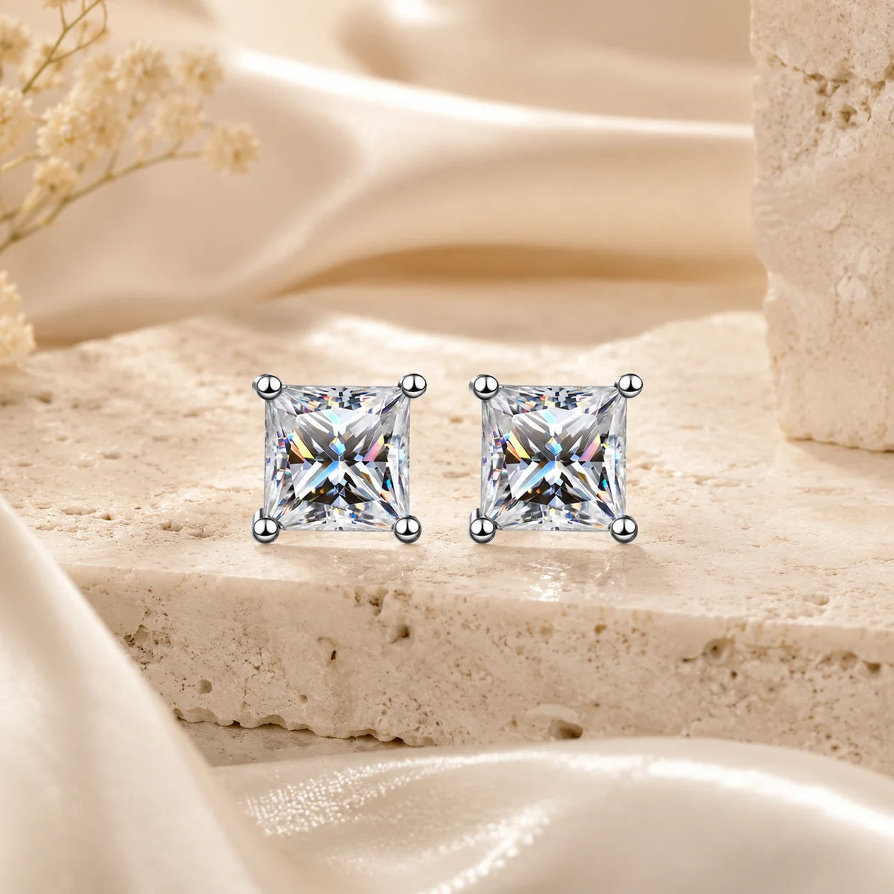 Princess-cut moissanite stud earrings in a polished silver setting displayed on a warm beige stone surface.