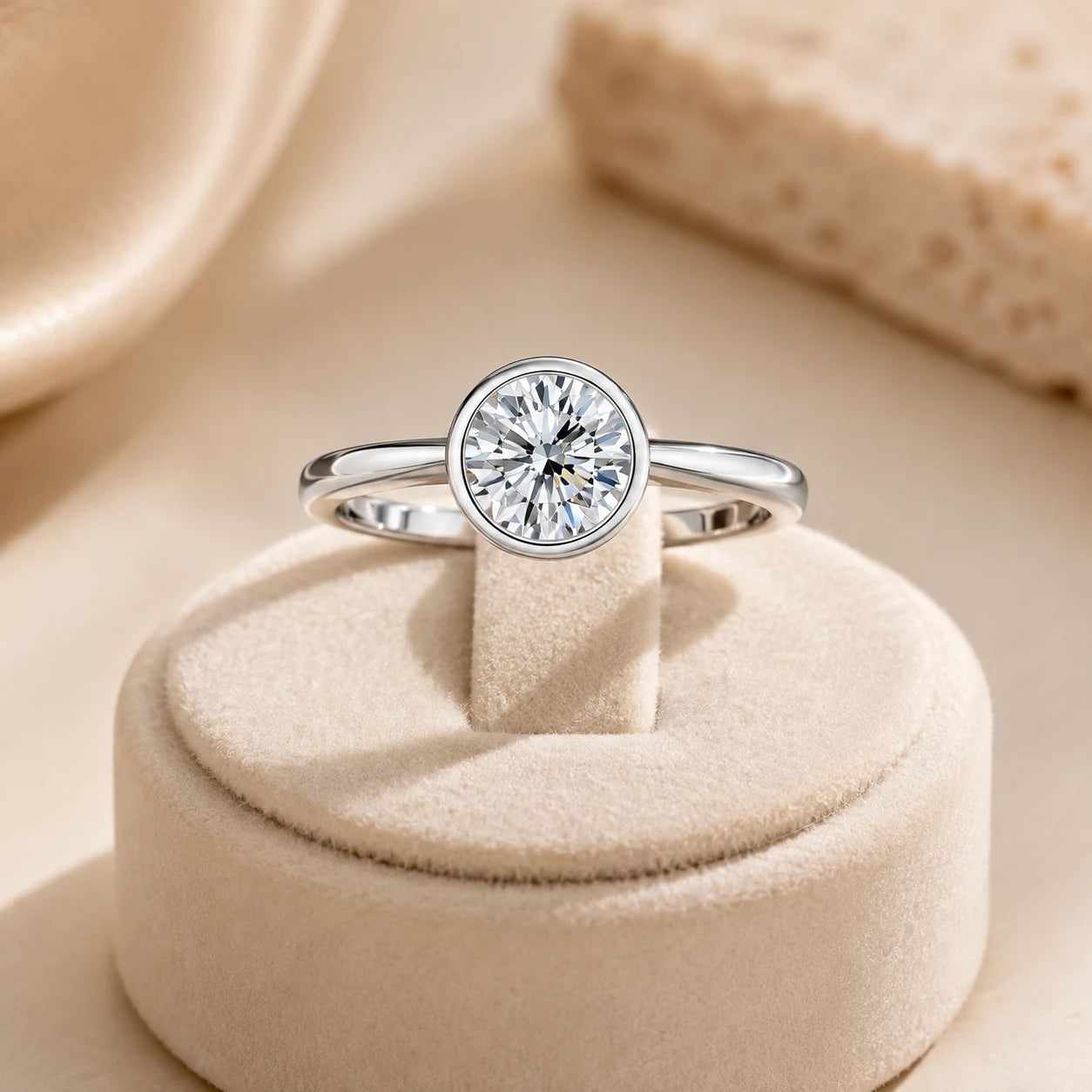 Round moissanite three-stone ring displayed upright on a soft beige velvet jewelry stand.