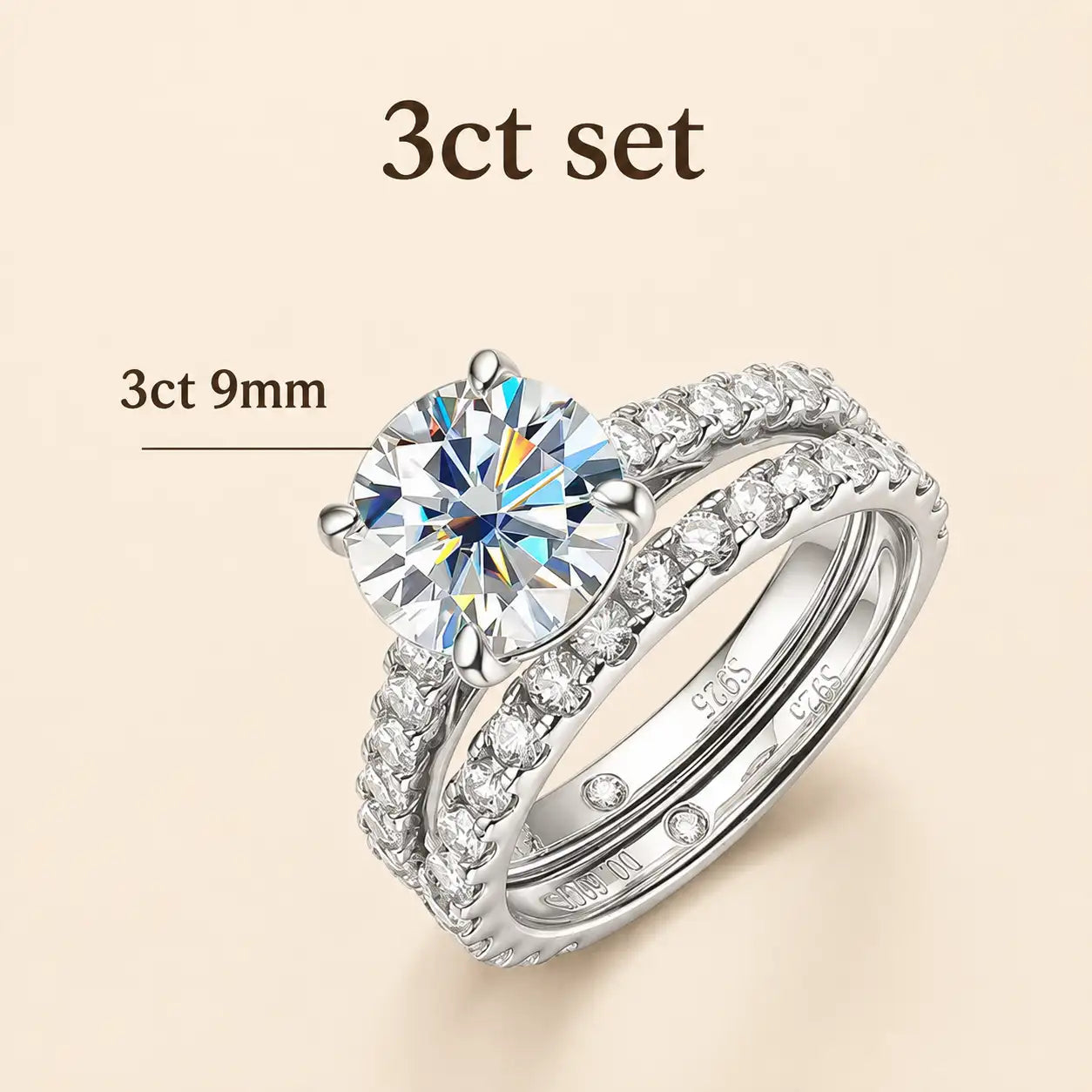 Sutton™ 3 carat Round Moissanite Bridal Set with a 9 mm center stone and matching pavé wedding band.