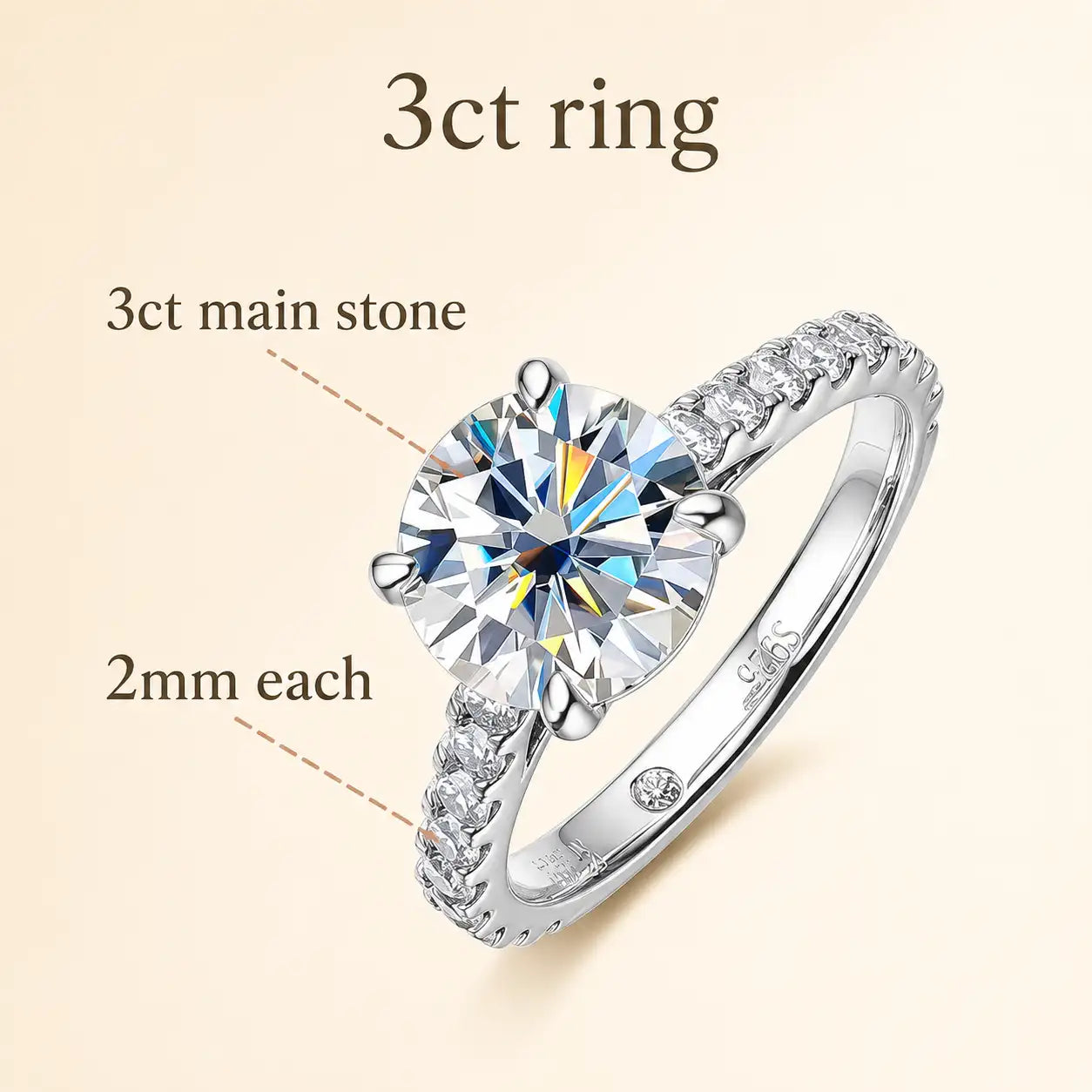 Sutton™ 3 carat round moissanite engagement ring with a 9 mm center stone and sparkling 2 mm pavé band.